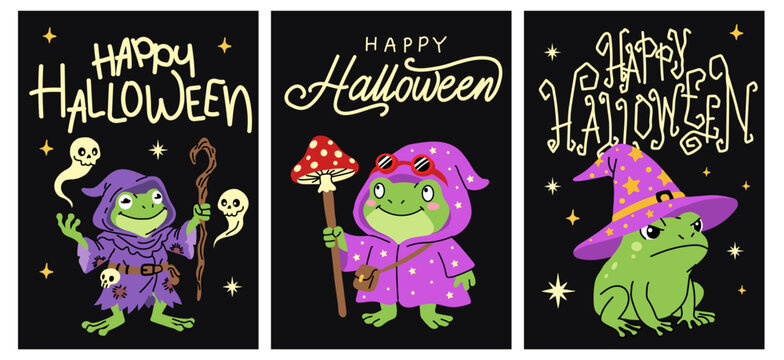 Happy Halloween Frog Wizard Card Illustration