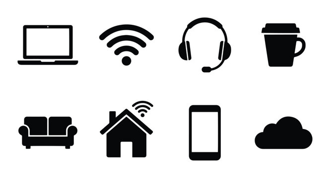 Modern Technology and Lifestyle Icons: Laptop, Wi-Fi, Headphones, Coffee, Sofa, Smart Home, Phone, Cloud