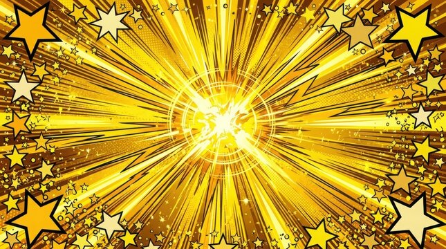 Bright yellow comic book style background with radiating sunburst lines and scattered shining stars for a festive celebration
