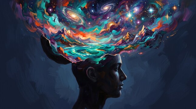 Surreal digital painting of universe, galaxies, and mountains expanding from open mind of human head profile, representing creative imagination, consciousness, and universe