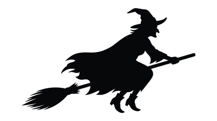 Fototapeta premium Halloween Flying Witch Riding Broomstick Witch Silhouette. Vintage Halloween Graphic Art. Traditional Wicked Sorceress Illustration. Classic Halloween Magic and Fairy Tale Vector Icon Vector