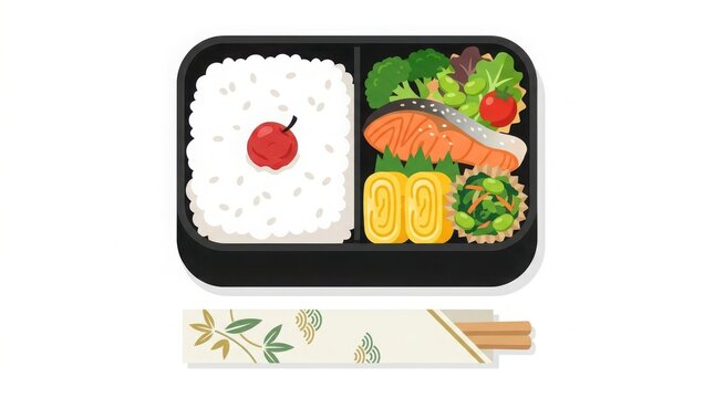 Japanese bento lunch box with rice salmon fish and vegetables top view flat illustration