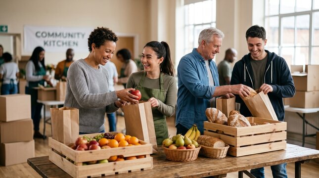 Diverse group of volunteers smiling while packing fresh fruits, apples, and bread into paper grocery bags at community kitchen, representing food bank charity and community support