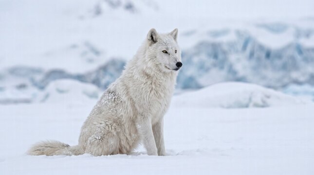 Majestic white wolf sitting in a snowy winter landscape
