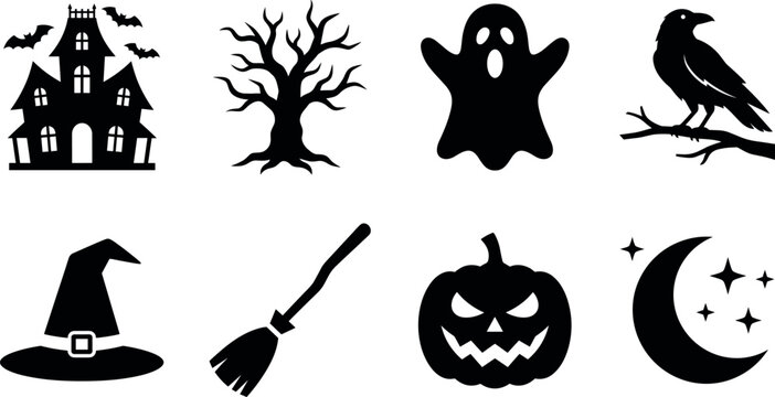 Black silhouettes of a haunted house bare tree ghost raven witch hat broom jack o lantern and crescent moon halloween