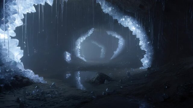 Mysterious crystal cave with shimmering ice formations and a glowing ancient symbol. Fantasy cavern exploring secret ancient civilization and magic.