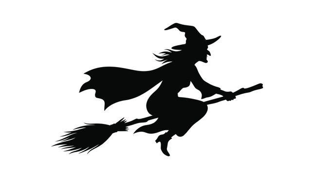 Halloween Halloween witch silhouette set, three iconic flying vector graphics. Traditional spooky broomstick magic character outline for holiday greeting, spooky party decoration. Vector