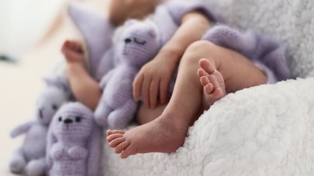 Newborn Baby Girl Sleeping With A Close-Up Of Hand During Photoshoot