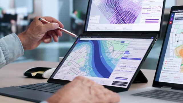 GIS Analyst Studies Flood Risk Map On Dual Touchscreen Laptop