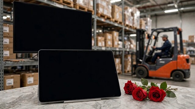 Modern warehouse logistics center interior with blank black screen monitor and tablet on rustic wooden table with red roses bouquet and gift boxes. Background shows organized shelves with cardboard bo