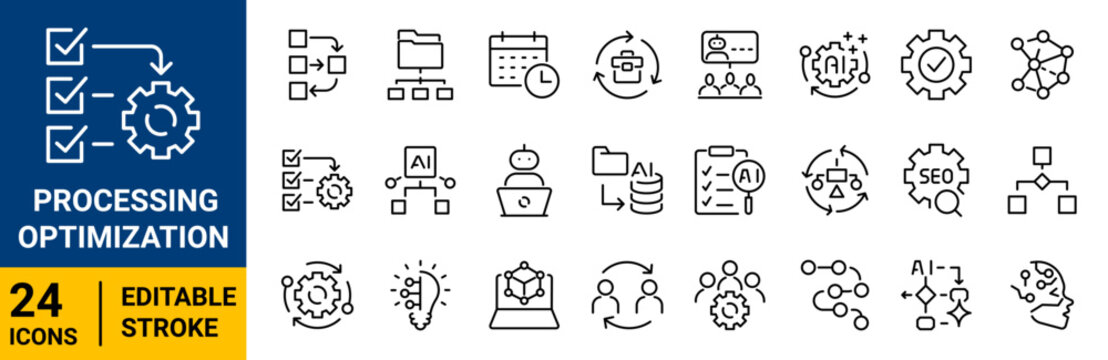 Processing optimization web Line Icons. workflow icon set. Editable Stroke.