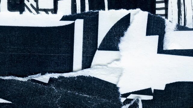 An abstract dynamic motion background featuring a high contrast collage of ripped torn paper layers with bold black and white geometric shapes and raw textured edges for frame animation.