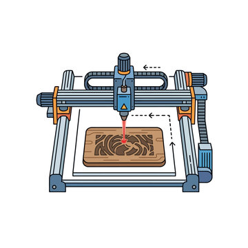 Laser engraving machine cutting intricate wooden pattern vector art