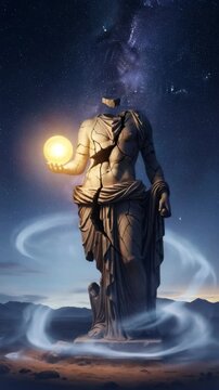 Ancient headless statue holding a glowing orb in a cosmic desert landscape under starry night sky. Mystical energy swirling around. Vertical video