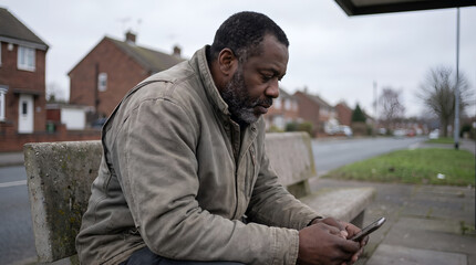 Fototapeta premium Senior African American man sitting on outdoor bench using smartphone