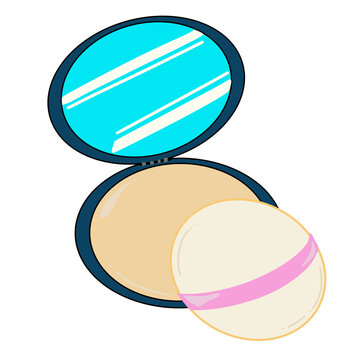Vector illustration of an open makeup compact case with puff and mirror isolated on a white abstract background for cosmetic designs