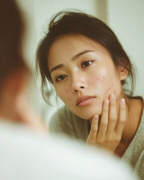 East Asian teenage girl touching acne prone skin while looking closely in a bathroom mirror at home, checking pimples and blemishes as part of a daily skincare and dermatology treatment routine