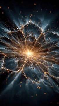 Abstract quantum energy burst radiates glowing data particles and symmetrical information streams through a dark digital environment, representing computing power, innovation and future technology