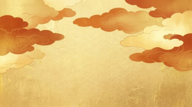 Traditional japanese style background with golden clouds and decorative oriental wave patterns in warm orange and yellow colors