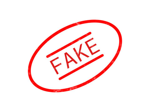 Red ink stamp with the word fake inside an oval shape for document verification isolated on transparent background