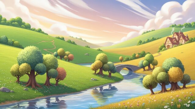 Idyllic countryside landscape with rolling green hills, a winding river, a stone bridge, and a quaint cottage nestled among colorful autumn trees