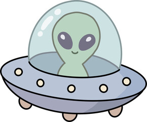 Cute Alien In Flying Saucer Spaceship Cartoon Clipart Isolated On Plain Background © YONIGOODS