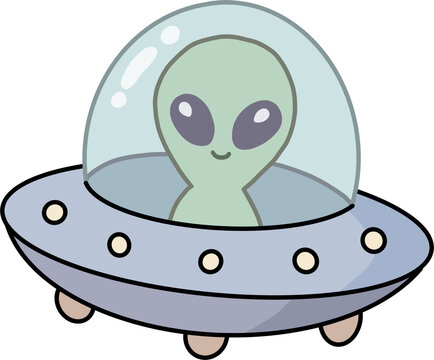 Cute Alien In Flying Saucer Spaceship Cartoon Clipart Isolated On Plain Background