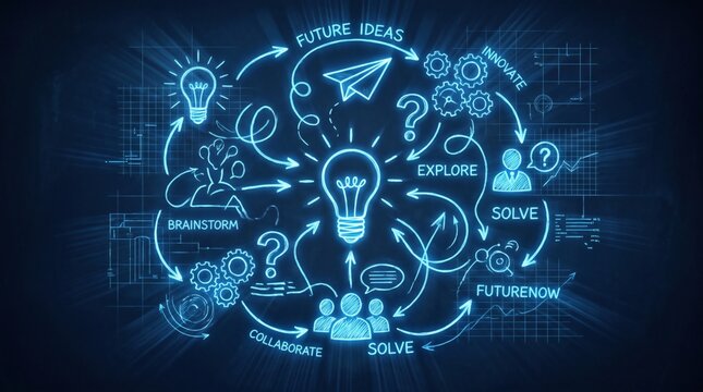 Glowing lightbulb with complex technical and business icons