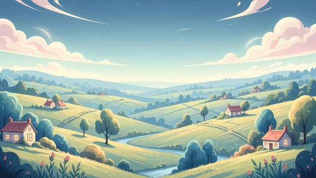 Quaint village landscape with small houses nestled in rolling green hills, a winding river, and trees under a soft blue sky with pinkish clouds