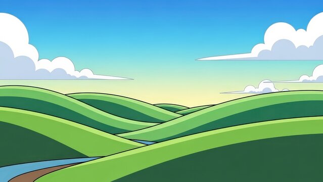Rolling green hills landscape under a clear blue sky with fluffy white clouds, cartoon style of a peaceful countryside scene