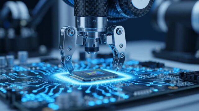Robotic arm assembling microchip on futuristic glowing blue circuit board, automated high-tech manufacturing macro