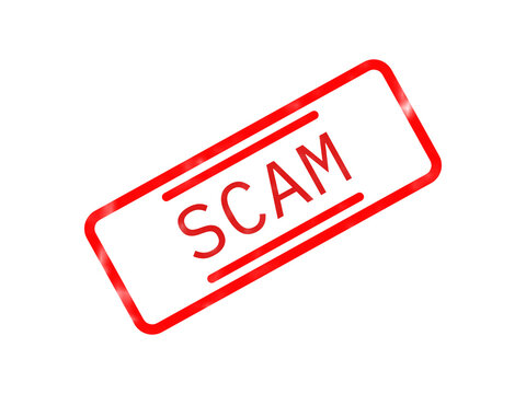 Red rectangular rubber stamp with the word scam written in capital letters isolated on transparent background