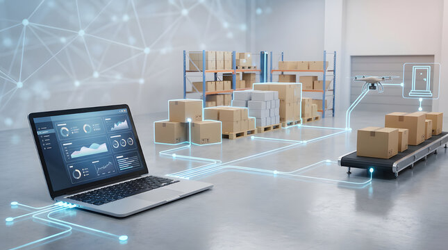 Smart warehouse management system with digital network interface and laptop controlling automated logistics inventory
