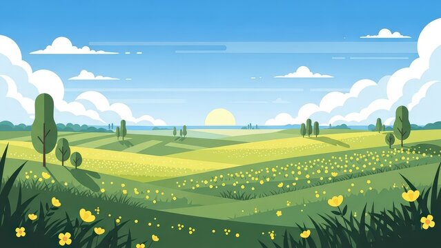 Sunny countryside landscape with rolling green hills, yellow flower fields, and tall thin trees under a bright blue sky with fluffy white clouds