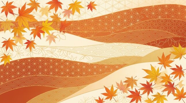 Colorful autumn maple leaves falling on a soft abstract wavy background with red and orange seasonal colors