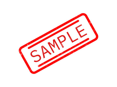 Red sample stamp sign with text inside a rectangular frame on a plain surface isolated on transparent background
