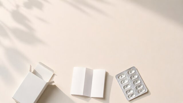 Pharmaceutical packaging mockup with medicine box blister pack and patient leaflet on copy space background