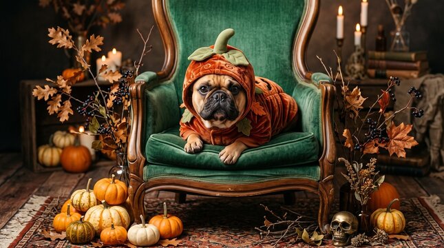 Cute pug wearing a detailed pumpkin costume relaxing on a luxurious green velvet armchair, surrounded by autumn leaves, pumpkins, candles and Halloween decorations.