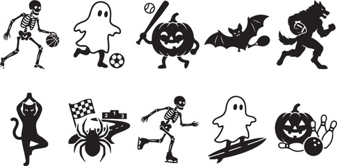 Obraz premium Halloween character silhouettes engaged in sports activities including a skeleton playing basketball, a ghost surfing, and a pumpkin playing baseball
