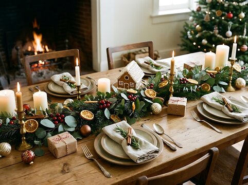 Elegant Christmas dining table setting with festive garland and warm fireplace glow
