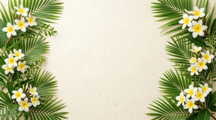 Obraz premium Beautiful tropical frame made of green palm leaves and white frangipani flowers for summer greeting cards and wedding invitations