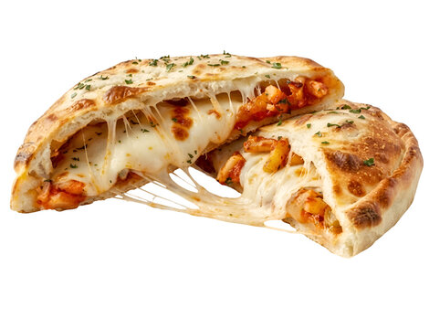Close-up of a freshly baked cheese and tomato stuffed flatbread pizza on white background, Isolated on Transparent Background, PNG, Generative AI