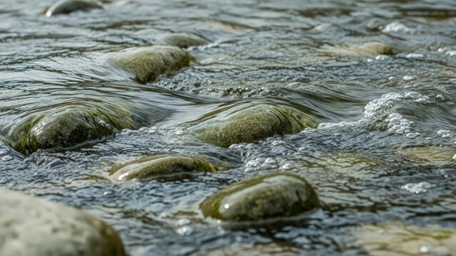 Close up of water flowing over mossy river rocks with bubbles and ripples in a shallow stream bed during a bright sunny day outdoors