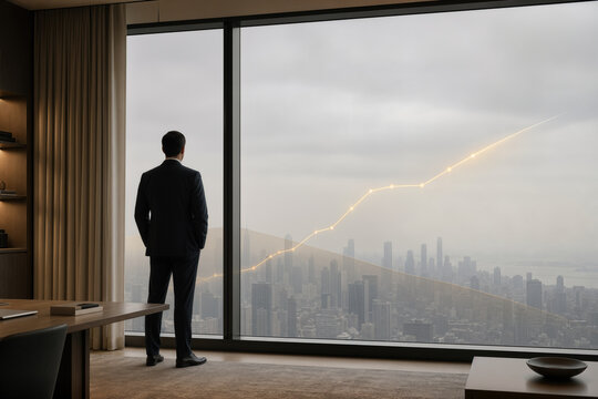Business executive in high-rise office overlooking muted skyline with semi-transparent golden AI investment growth line hinting at productivity paradox and economic slowdown tension