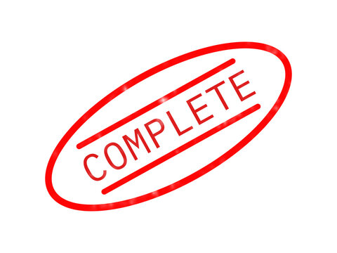 Red complete rubber stamp impression isolated on a solid black background, for project status, tracking and official, task finalization marking isolated on a transparent background