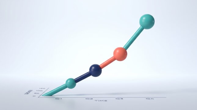 3D rendered isometric graph showing upward growth trend with colorful spheres connected by lines over quarterly time axis, symbolizing business success, financial profit increase