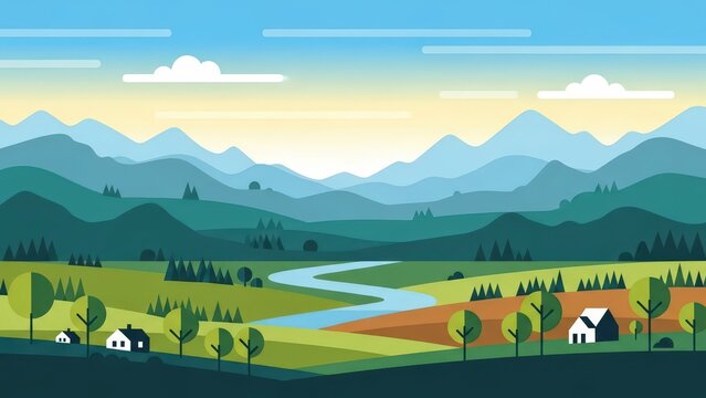 Flat of a peaceful valley landscape with a winding river, rolling hills, distant mountains, and small houses at sunset