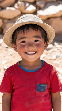 A young Peruvian boy in a red shirt works in the fields, his innocent gaze framed by a worn hat against a rugged dirt backdrop