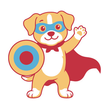 Cute dog superhero wearing mask and cape holding shield cartoon character