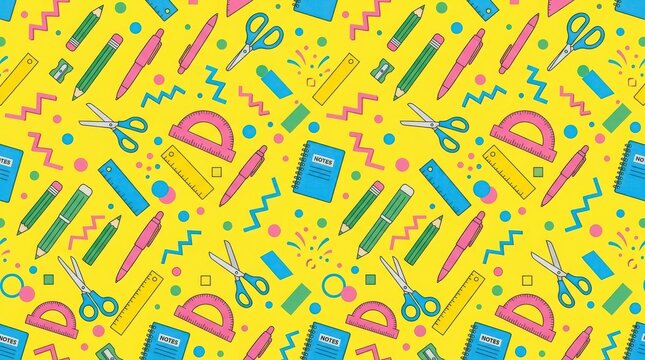 Seamless pattern with school supplies like pencils pens scissors and notebooks on a bright yellow background for education design